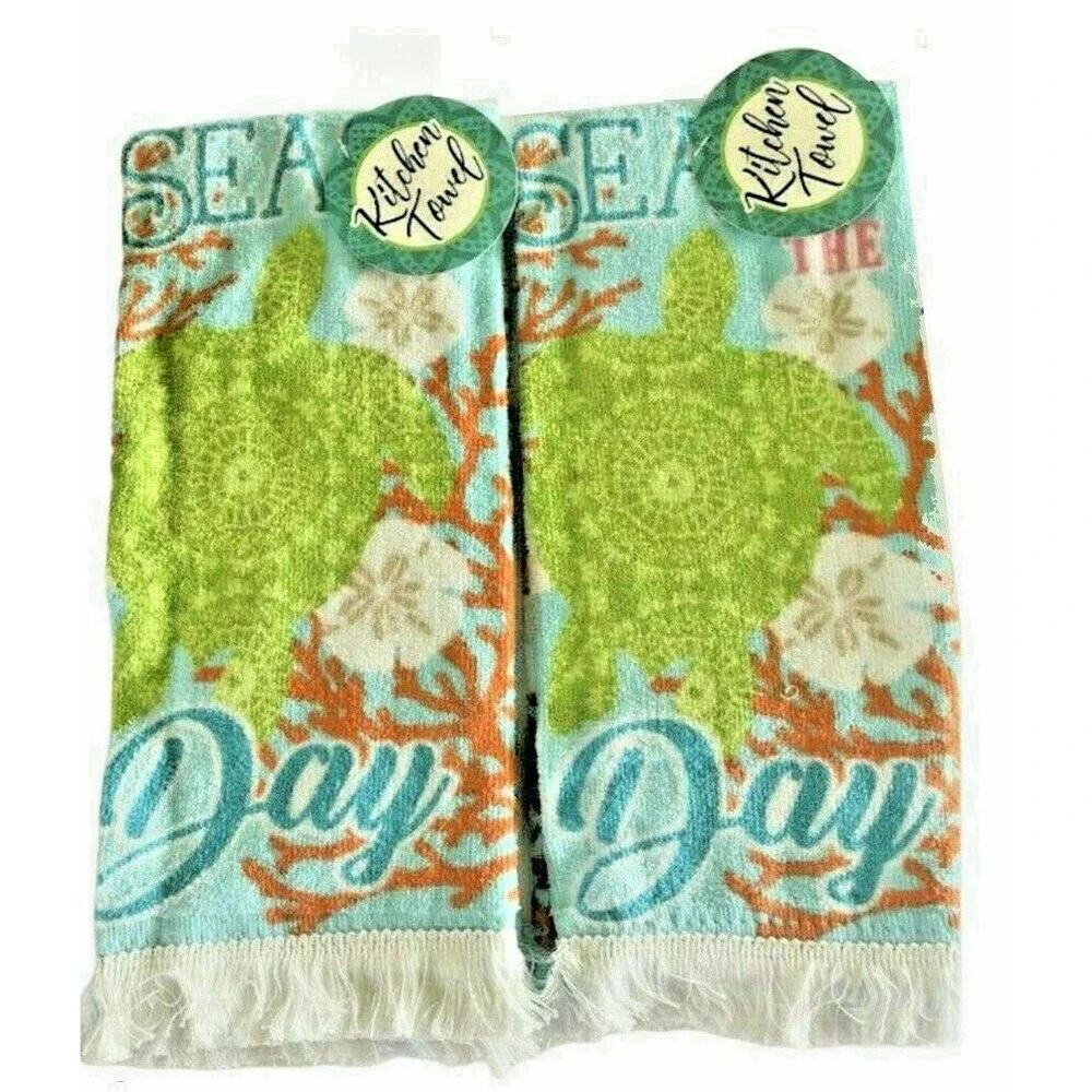 Sea Turtle Dish Kitchen Towels Beach Summer Seas the Day Sand Dollar Set of 2